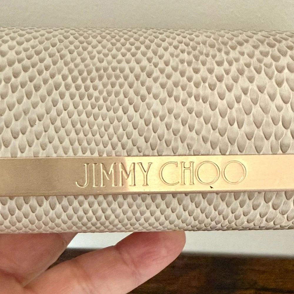 Authentic Jimmy Choo Cream Snake Magnetic Eyeglass Case New Cloth Gold Trim